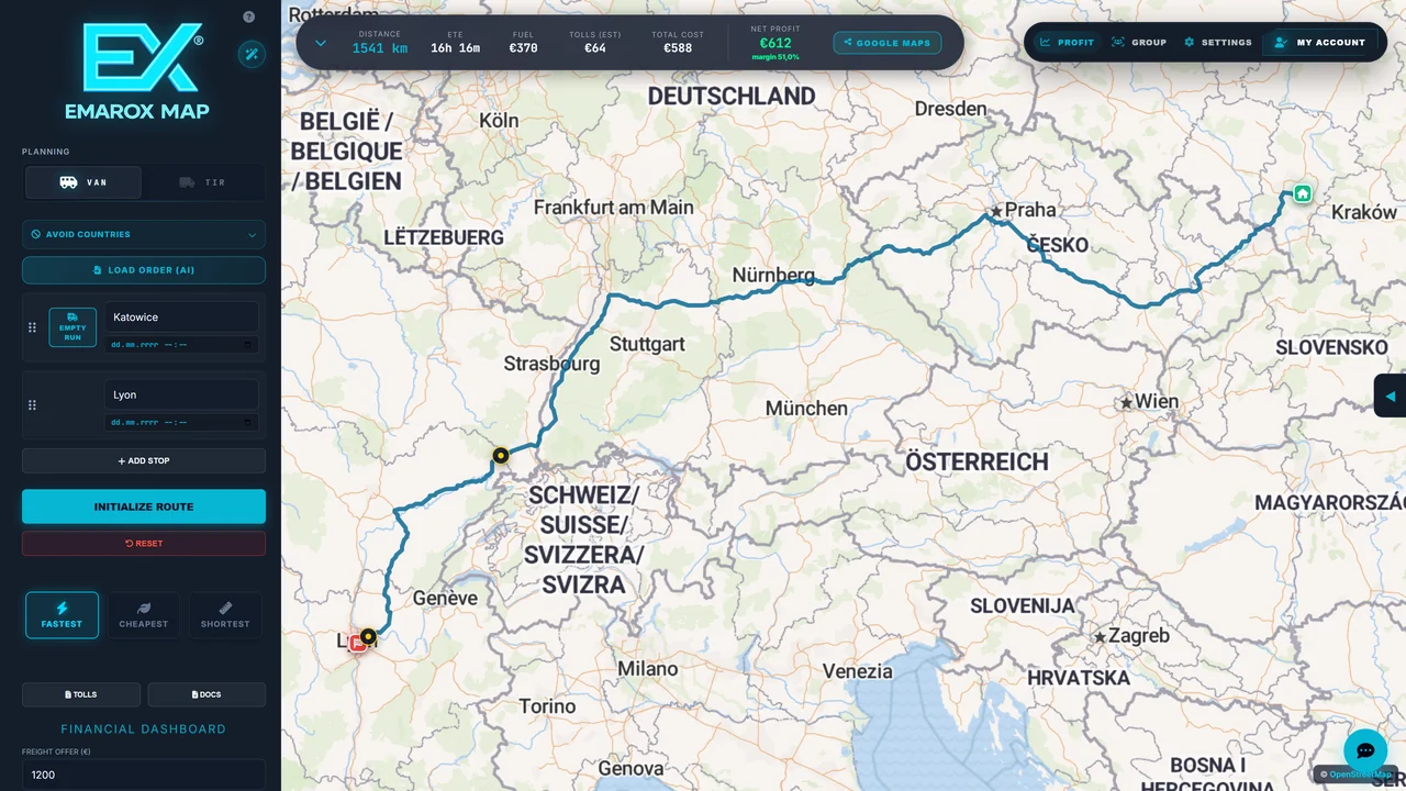 Emarox Map: trasa Katowice → Lyon, 1541 km, myto 64 €, zysk netto 612 €