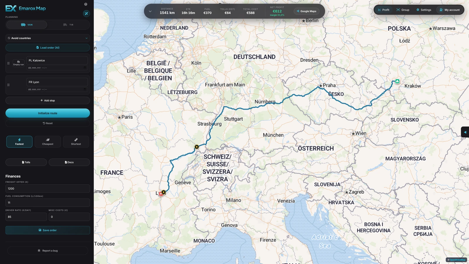 Emarox Map: trasa Katowice → Lyon, 1541 km, myto 64 €, zysk netto 612 €