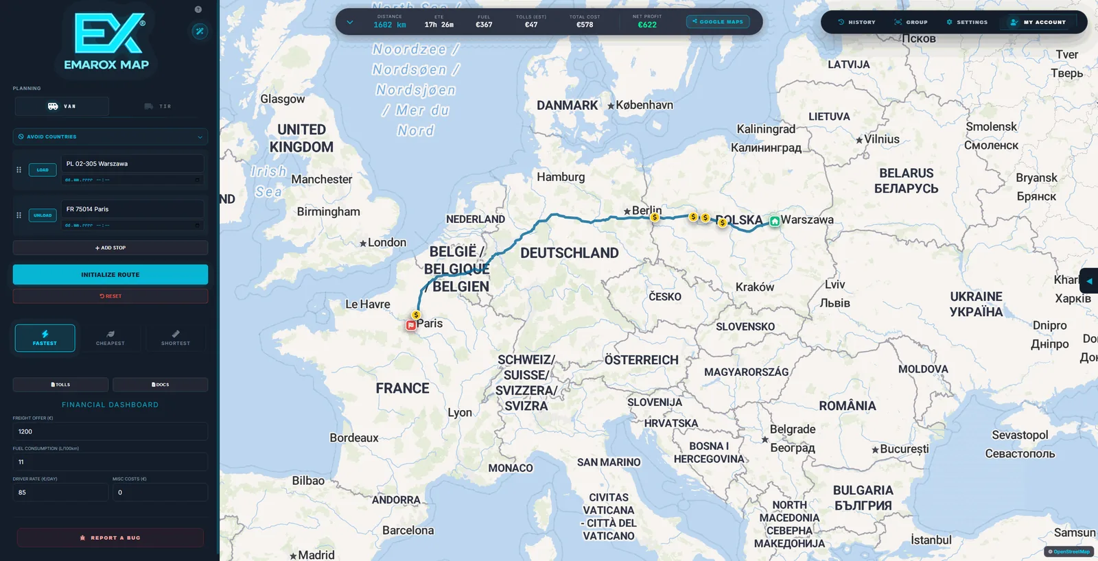Emarox Map: trasa Warszawa → Paryż, 1602 km, myto 47 €, zysk netto 622 €