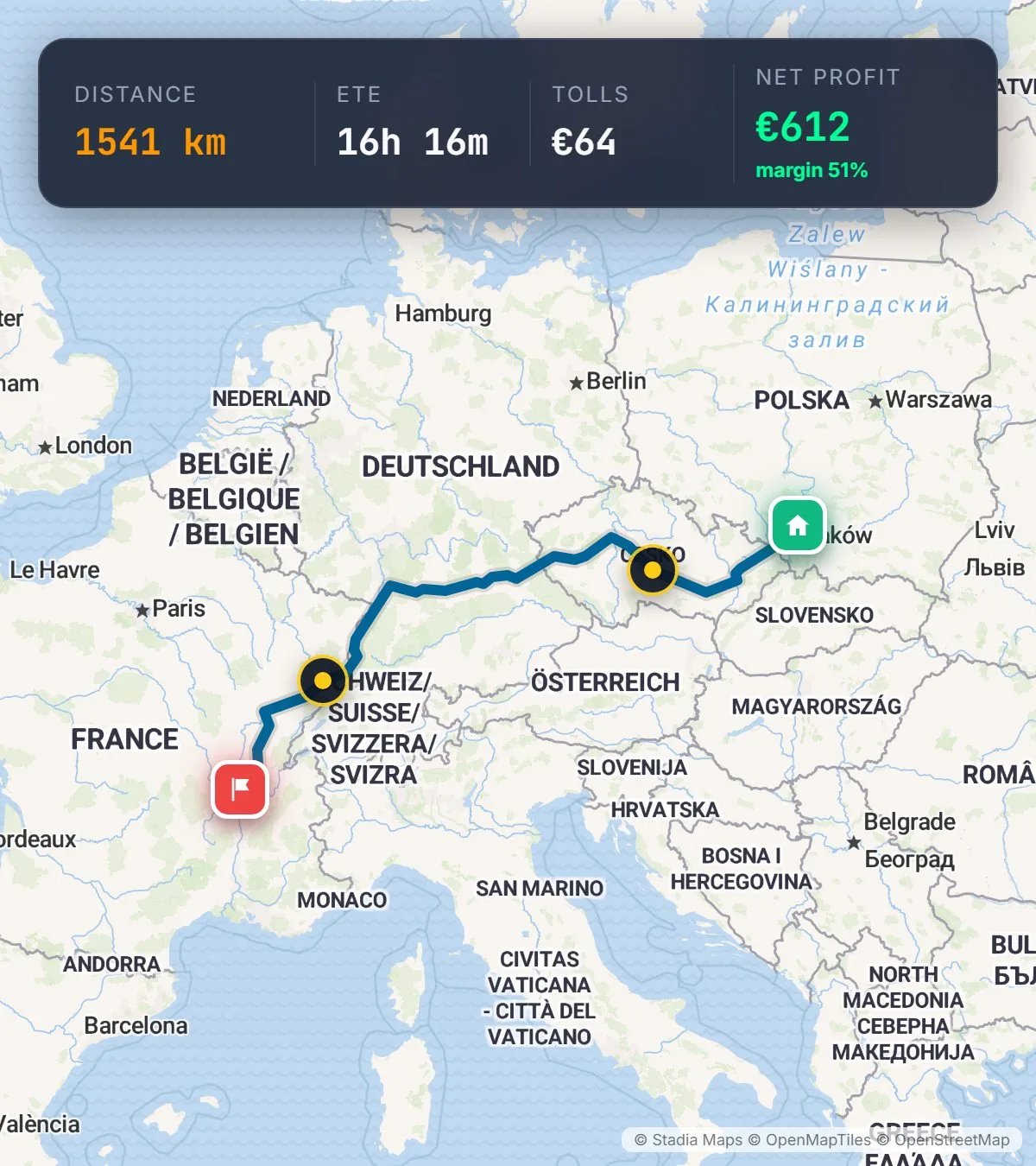 Emarox Map: trasa busem Katowice → Lyon, 1541 km, myto 64 €, zysk 612 €